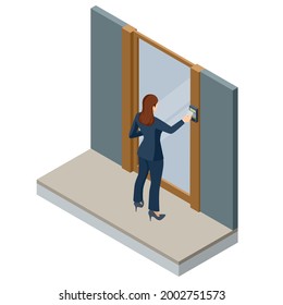 Wireless door lock vector icon, smart lock system. Isometric woman holding a key card to lock and unlock door.