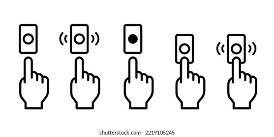 Wireless, doorbell icon or logo. Hand pushing on the button. For smart house, home or office place. Ring the door bell pictogram. Pressing the doorbell sign. Hand push the bell.