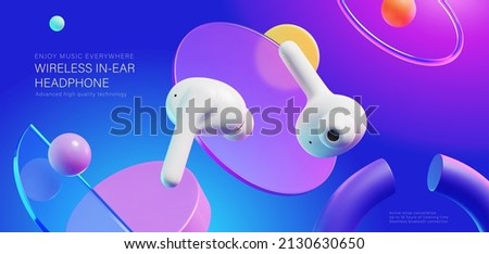 Wireless in ear headphones ad. 3D Illustration of an in ear earbuds displayed in front of floating discs on purple blue background