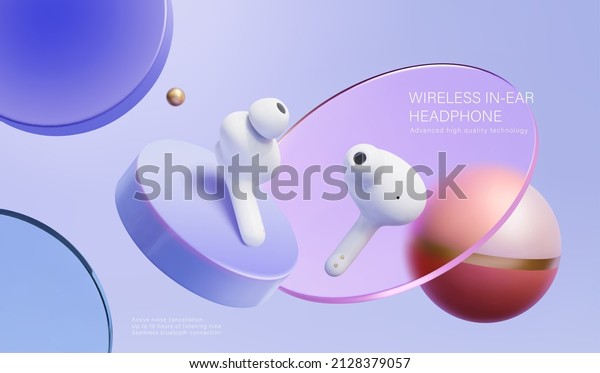 Wireless in ear headphones ad. 3D Illustration\
of an in ear earbuds displayed in front of floating discs on light\
purple background