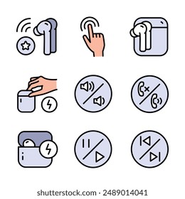 Wireless earbud color icons set. Vector flat icon for web design isolated on white background.