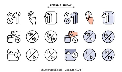 Wireless earbud color icons set. Editable stroke. Vector flat icon for web design isolated on white background.