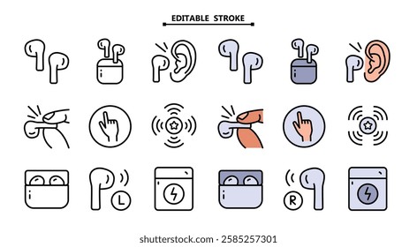 Wireless earbud color icons set. Editable stroke. Vector simple flat icon for web design isolated on white background.