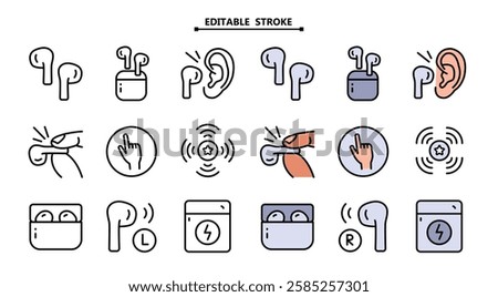 Wireless earbud color icons set. Editable stroke. Vector simple flat icon for web design isolated on white background.