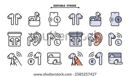 Wireless earbud color icons set. Editable stroke. Vector simple flat icon for web design isolated on white background.
