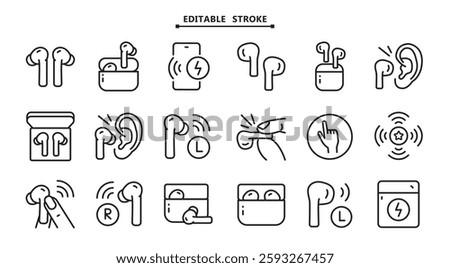 Wireless earbud line icons set. Editable stroke. Vector simple icon for web design isolated on white background.
