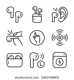 Wireless earbud outline icons set. Vector line icon for web design isolated on white background.