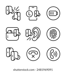 Wireless earbud outline icons set. Vector line icon for web design isolated on white background.