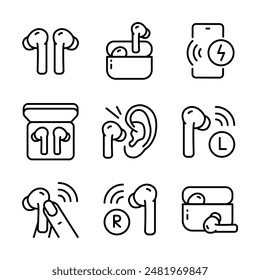 Wireless earbud outline icons set. Vector line icon for web design isolated on white background.