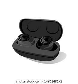 Wireless earbuds in black color. Small Earphones in case. Dark theme. Modern gadget device listen music in opened box. free hands technology. vector illustration isolated