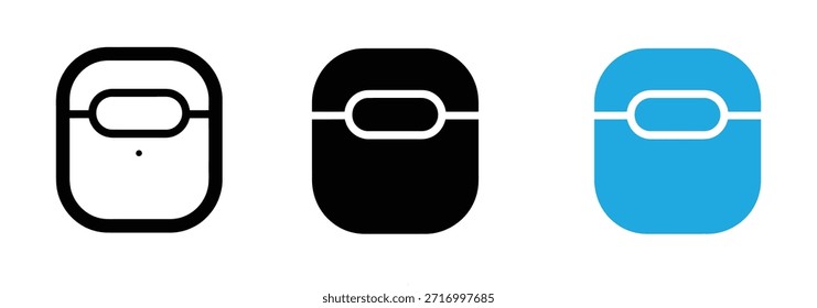 Wireless earbuds in black and white and blue color schemes. Minimalist wireless earbuds charging case icon Vector.
