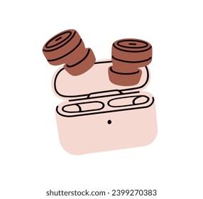 Ámbitos inalámbricos por si acaso. Auriculares sin cables en la caja. Tapones para teléfonos móviles, auriculares. Dispositivo de sonido, accesorio para escuchar música. Pequeños amigos. Ilustración vectorial plana aislada en fondo blanco