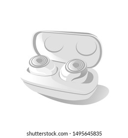 Wireless earbuds in case light clean design. free hands technology.  Small Earphones in box. Modern gadget device for listen music in opened casing. vector illustration isolated