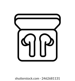 Wireless earbuds in charging case icon. Outline sign for web design. Simple line illustration. Contour symbol. Vector isolated outline drawing