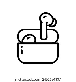 Auriculares inalámbricos en el icono del estuche de carga. Señal de contorno para el Diseño web. Ilustración de línea simple. Símbolo de contorno. dibujo de contorno aislado de Vector