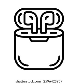 Wireless earbuds in charging case, outline vector. Editable stroke.