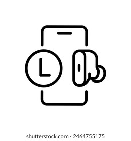 Wireless earbuds connect to smartphone outline icon. Vector line sign for web design isolated on white background.