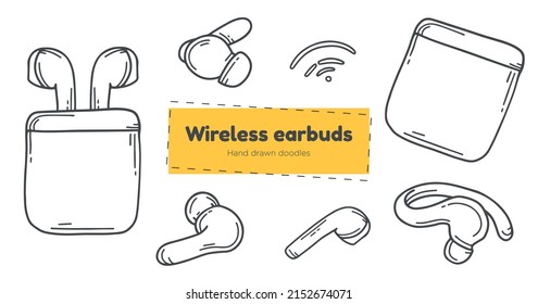 Auriculares inalámbricos iconos de doodle dibujados a mano, conjuntos de iconos de dibujo de barras de aire de música digital, símbolos modernos de línea de gadget de auriculares, aislados en fondo blanco