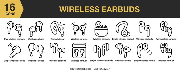 Wireless Earbuds icon set. Includes Wireless, Earphone, Device, Earbuds, Sound, and More. Outline icons vector collection.