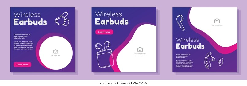 Wireless earbuds social media post, banner set, digital gadget headphone advertisement concept, pods charging case marketing square ad, abstract print, isolated