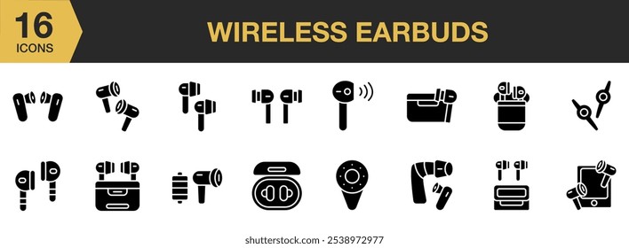 Wireless Earbuds solid icon set. Includes wireless earbuds solid icons, and More. Solid icons vector collection.