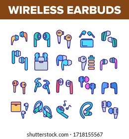 Wireless Earbuds Stereo Device Icons Set Vector. Collection Of Airpods Wireless Headphones Gadget For Listen Music And Hands Free Tool Concept Linear Pictograms. Color Illustrations