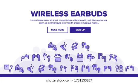 Wireless Earbuds Stereo Device Landing Webseite Kopfzeile Banner Vorlage Vector. Airpods Wireless-Kopfhörer-Gadget für Hörmusik und handfreie Tool-Illustrationen