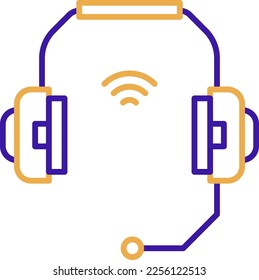 Wireless earphone technology icon with purple and orange duotone style. Computing, diagram, download, file, folder, graph, laptop . Vector illustration