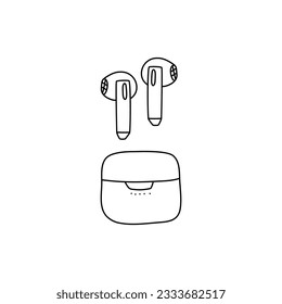 Ilustración de la línea vector de auriculares inalámbricos.  Icono de auricular móvil estilo Doodle. Objetos aislados del vector sobre un fondo blanco