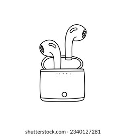 Ilustración de la línea vector de auriculares inalámbricos.  Icono de auricular móvil estilo Doodle. Objetos aislados del vector sobre un fondo blanco