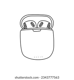Wireless earphone vector line illustration.  Doodle style wireless earphone icon. Vector isolated objects on a white background