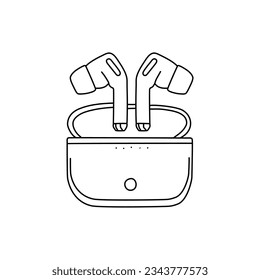 Wireless-Ohrhörer-Vektorgrafik.  Wireless-Ohrhörer-Symbol im Doodle-Stil. Vektor-einzelne Objekte auf weißem Hintergrund