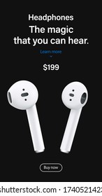 wireless earphones for advertising on social media stories. headphones isolated on black background. realistic and detailed gadgets mockup. stock vector 3d illustration