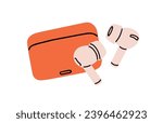 Wireless earphones in case. Cordless earbuds in box. Mobile earplugs, ear phones pair. Audio device, music accessory. Small buds, earpods. Flat vector illustration isolated on white background