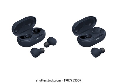 Wireless earphones with case isometric vector, bluetooth headphones for mobile audio