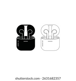 Wireless-Kopfhörer-Symbolsatz   Vektorgrafik mit Silhouetten und Outline-Logos für moderne Audiogeräte und technische Branding-Designs