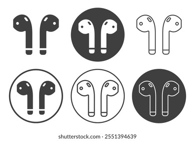 Wireless earphones icon symbol. set.  Ear buds logo sign silhouette. Cordless earbuds. Audio gadgets music devices. Phone accessories. Vector illustration. Isolated on white background.