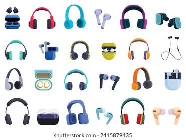 Wireless earphones icons set cartoon vector. Music audio case. Device headset