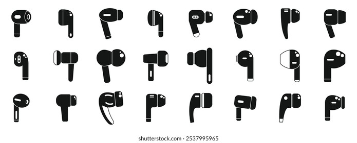 Wireless earphones icons set. Collection of diverse wireless earbud icons, showcasing various designs and styles for personal audio enjoyment