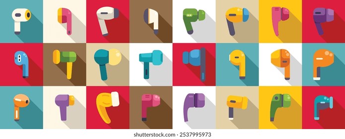 Wireless earphones icons set. Colorful wireless earbuds icons representing various models and designs, showcasing modern audio technology for personal music listening