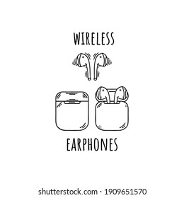 Wireless earphones for listening to music, radio, podcasts. Headphones freehand drawing, sketch. Icon for websites, mobile. Vector doodle illustration