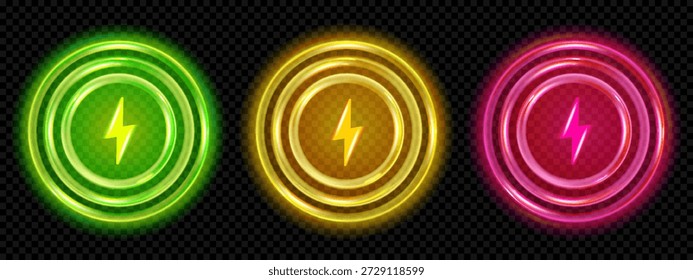 Efeito sem fio verde para o ícone do carregador. Sonar onda e abstrata neon wifi sinal frequência scan. Hud anel concêntrico em ouro e vermelho com design brilhante. Tecnologia conduzida para o sensor inteligente de energia do telefone