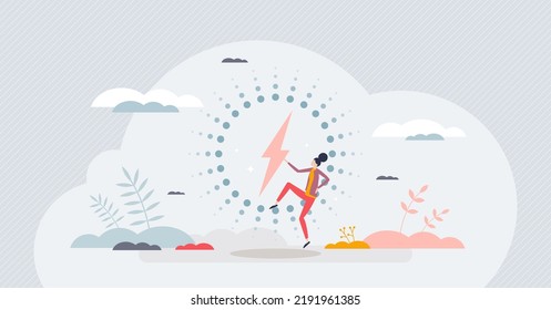 Wireless electricity with power charging without cable tiny person concept. Voltage network for smart devices and IoT equipment vector illustration. Round modern accumulator charge lightening sign.