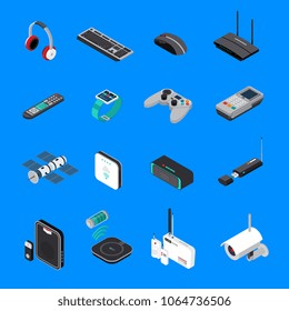Wireless electronic devices including computer equipment, satellite, battery charger, isometric icons isolated on blue background vector illustration
