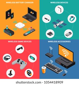 Wireless electronic devices isometric design concept with battery charger, game equipment, computer accessories isolated vector illustration