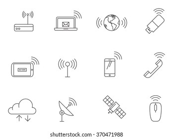 Wireless equipment and gadget icons in thin outlines.