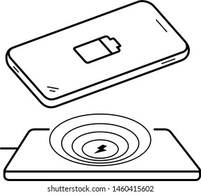 Wireless fast charger for smartphone. Vector outline icon isolated on white background.