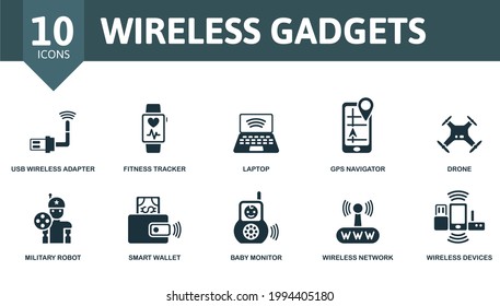 Wireless Gadgets Symbol Set. Enthält bearbeitbare Symbole für Wireless-Geräte, wie USB-Wireless-Adapter, Laptop, Drohne und mehr.