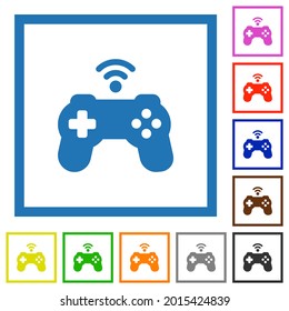 Wireless game controller flat color icons in square frames on white background