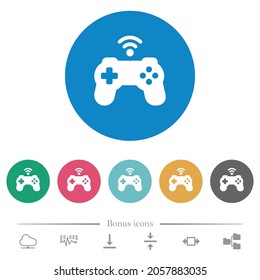 Wireless game controller flat white icons on round color backgrounds. 6 bonus icons included.